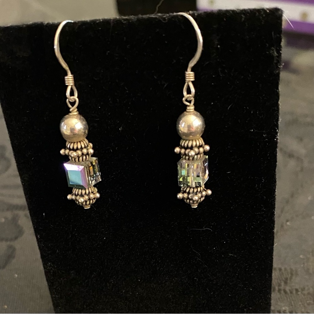 Sterling Silver Iridescent Glass Cube Drop Earrings - Women Jewelry